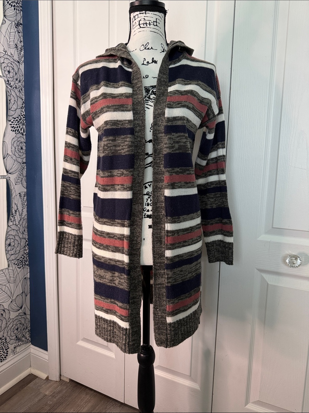 Longline Hooded Striped Cardigan Sweater - Navy, Gray & Rust